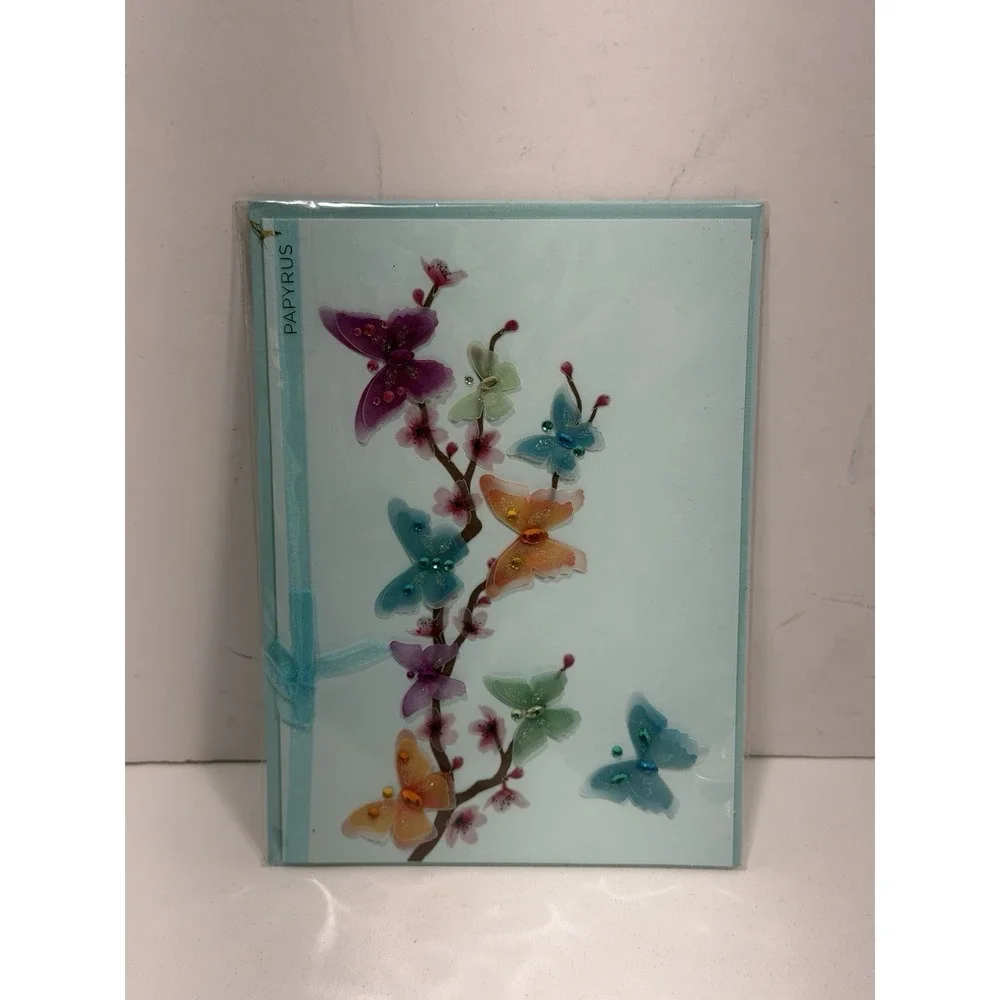 Papyrus Blank Card Cherry Blossoms Butterfly Blue Greeting Card Vintage